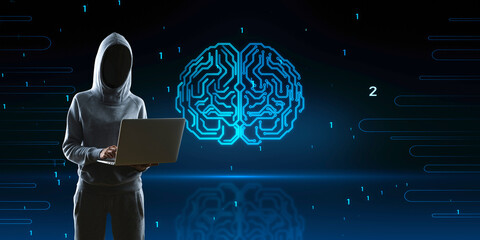 Hacker using laptop computer with abstract glowing human brain hologram on blurry background....