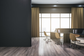 Fototapeta premium Modern coworking interior with blank mock up place on black wall, panoramic window and city view, furniture, daylight, curtains and wooden flooring. 3D Rendering.