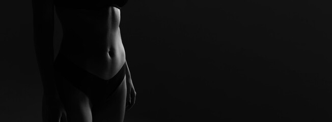 Female nude silhouette in lingerie. Young slim sexy woman. Girl with naked body. Black and white...