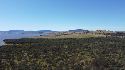 The aerial drone point of view photo at Bowna Waters Reserve is natural parkland on the foreshore of Lake Hume popular boat launching location in Albury, NSW ,Australia.