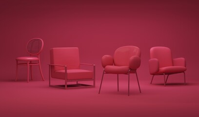 Chairs in Viva magenta is a trend colour year 2023 in studio. Interior of the room in plain monochrome viva magenta color with furnitures. 3d render