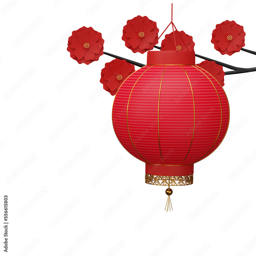 Sticker 3D Render Chinese Lantern Hang With Sakura Branch Element In Red And Golden Color.