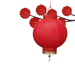 Obraz premium 3D Render Chinese Lantern Hang With Sakura Branch Element In Red And Golden Color.
