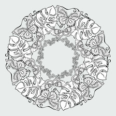 Floral outline mandala with butterflies and plants. Coloring page. Vector.