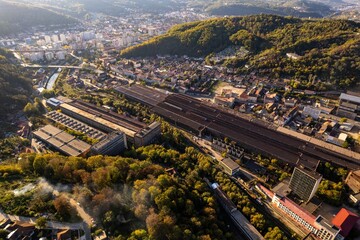 Obraz premium Aerial view of an old industrial area from Romania. Heavy machines and metallurgy factory. 