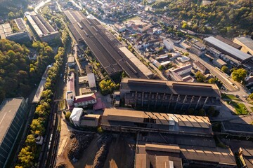  Aerial view of an old industrial area from Romania. Heavy machines and metallurgy factory.
