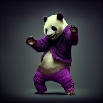 Giggling baby panda bear dancing like Saturday night fever dressed in a purple 1970 leisure suit looking lie a pimp  perfect symmetry, 