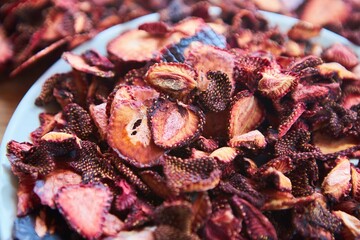 Dried fruits from strawberries. Harvesting fruits for the future.