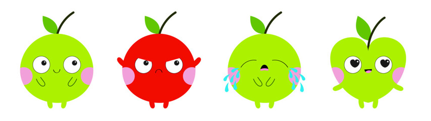Emoji Apple icon set. Emoticon. Red green color. Cute cartoon kawaii smiling sad angry crying in love character. Different emotion face. Funny fruit. Heart shape. Flat design. White background.