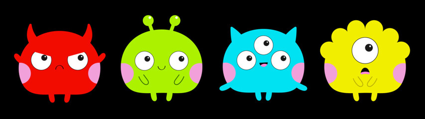 Happy Halloween. Cute monster line set. Funny Kawaii cartoon baby character. Three eyes, ears, horns, pink cheeks. Colorful animal. Boo. Smiling face. Sticker print. Flat design. Black background.