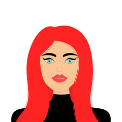 Young girl face. Portrait of woman. Stylish hairstyle. Long red hair. Beautiful lady, female. Front view. Avatar for social networks. Pink lipstick makeup. Flat design. White background.