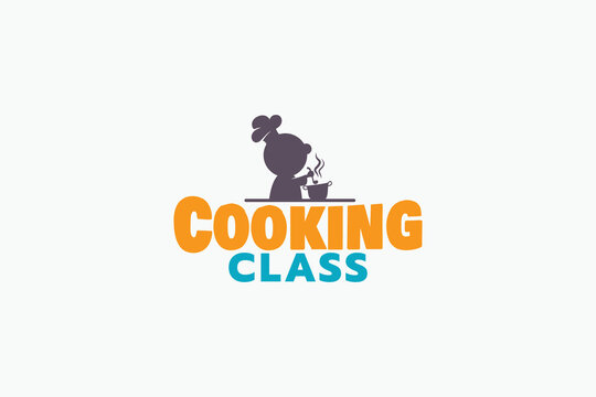 cooking class logo with a silhouette of a child cooking with a cauldron.