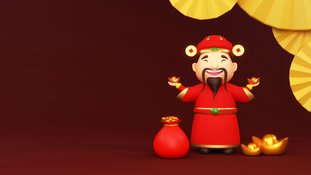 3D Render Of Happiness Caishen Holding Ingots With Treasure Sack. Happy New Year Concept. 