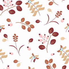 Seamless pattern with autumn leaves and berries. Vector illustration