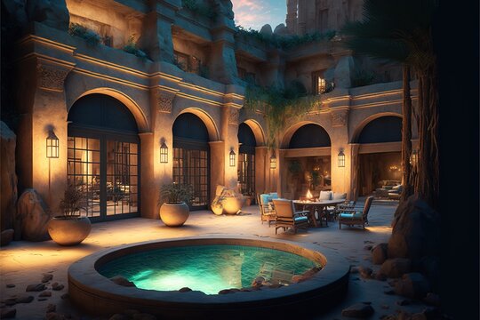 A Luxury Back Garden That Has A Jacuzzi That Follows The Style Of Ancient Egypt.