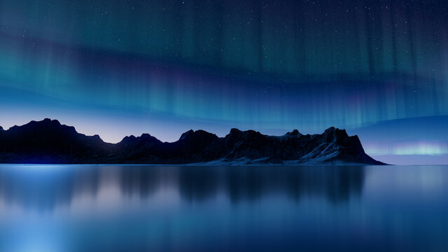 Magical Sky with Aurora and Stars. Green Northern Lights Banner with copy-space.