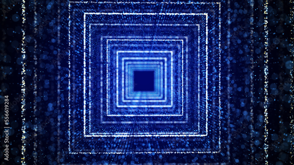 Poster futuristic dynamic wireframe tunnel on blue background. magic particle flow inside the portal. infin