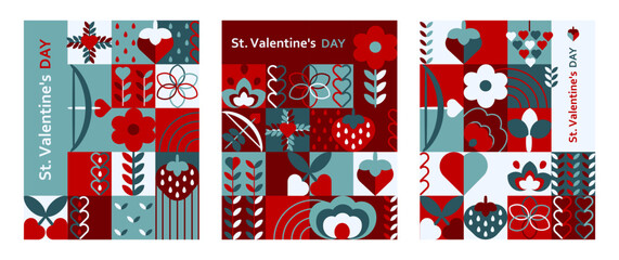 set of postcards, poster, banner for Valentine's Day in a minimalistic style with geometric shapes in red, green, pink colors. Advertising template. Vector