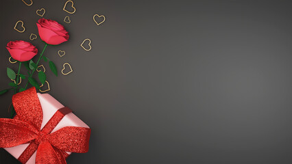 3D Render, Gift Box and Red Roses. Love Concept. 