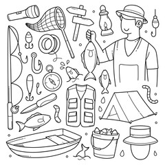 Obraz premium Set of Hand Drawn Fishing Doodles Vector Element. Fishing doodle tool and equipment objects