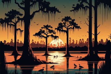 A vector illustration of a Louisiana swamp - obrazy, fototapety, plakaty