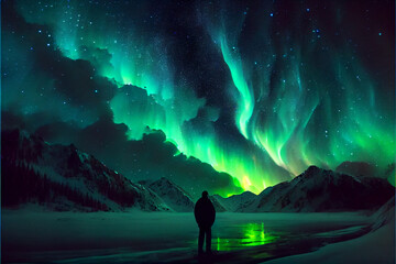a man standing in the snow looking at the aurora bore