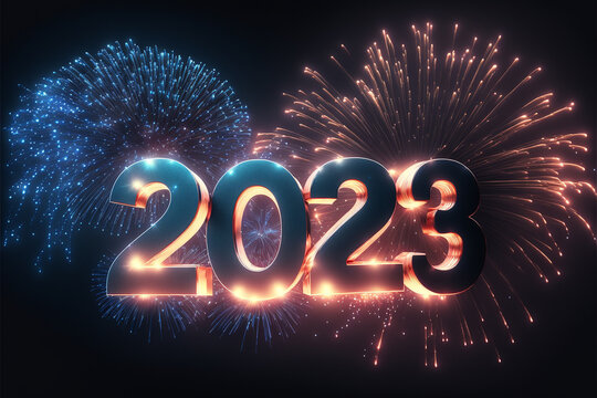 2023 New year background with fireworks, 3d render
