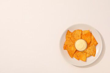 Concept of tasty snacks, corn chips, space for text