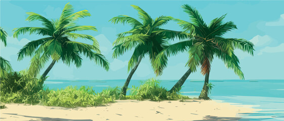 Obraz na płótnie Canvas Tropical palm beach with sand sea banner vector illustration with copy space, voucher advertising Summer vacation. tropical island palms sun. Hawaiian landscape paradise. Colored party invitation.