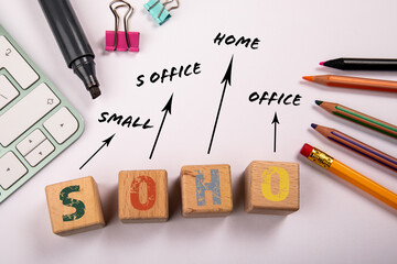 SOHO - Small Office Home Office. Wooden blocks on a white office table