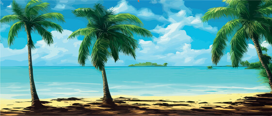 Obraz na płótnie Canvas Tropical palm beach with sand sea banner vector illustration with copy space, voucher advertising Summer vacation. tropical island palms sun. Hawaiian landscape paradise. Colored party invitation.