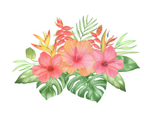 Fototapeta na wymiar Watercolor tropical flowers bouquet composition with hibiscus and palm leaves on white background