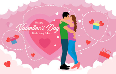 happy valentines day flat background with embracing and kissing couple on background from the clouds, hearts and flying gifts