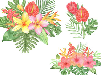 Watercolor tropical flowers bouquet composition with palm leaves and monstera on white background