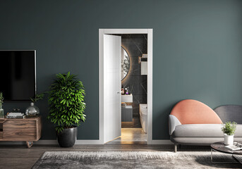 living room with bathroom and plaster dark gray walls and wooden floor, empty room with tv cabinet  with sofa and carpet  ,white door with carpet interior design concept , 3d illustration	