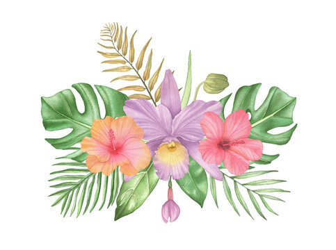 Watercolor tropical flowers bouquet composition with hibiscus, orchid and palm leaves on white background