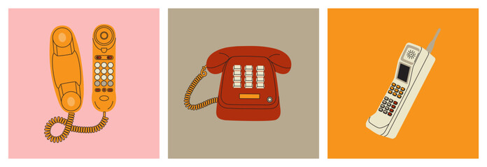 Three retro phones 80s. Push - button devices and vintage mobile phone with antenna. Hand drawn vector illustration isolated on colored background. Modern flat cartoon style.