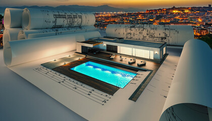 Obraz na płótnie Canvas Entwurf eines modernen Bungalows mit Swimmingpool (mit Abendbeleuchtung und Stadtpanorama im Hintergrund) - 3D Visualisierung