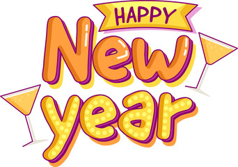 Stylish Happy New Year Font With Cocktail Glasses Illustration.