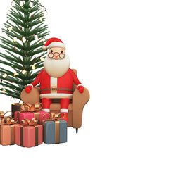 3D Render Of Santa Claus Sitting On Sofa With Gift Boxes And Decorative Xmas Tree.