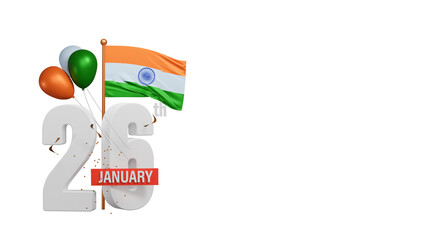 3D Render 26th January Text With India Flag, Tricolor Balloons Element.