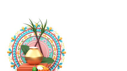 3D Render Of Presenting Pongal Festival Elements With Mandala Frame Element.
