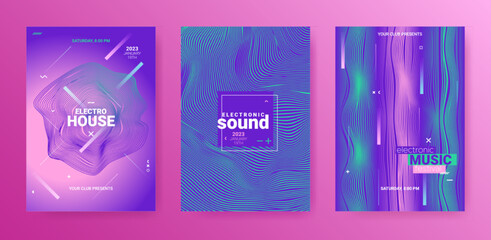 Futuristic Abstract Dj Flyer Set. Electro Sound Cover. Techno Dance Poster. Vector 3d Background. Edm Dj Flyer. Minimal Festival Banner. Gradient Wave Circle. Psychedelic Dj Flyer.