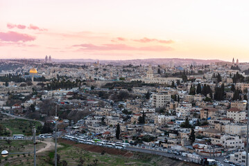 Fototapeta premium Jerusalem Cityscape in Israel. Sunset time and Jerusalem old town in Background