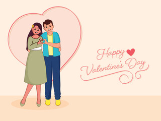 Happy Valentine's Day Font With Cheerful Young Couple Making A Heart From Their Hands On Light Peach Background.