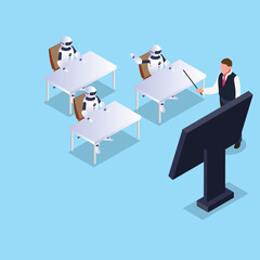 teacher giving lecture to robots isometric 3d vector illustration concept for banner, website, illustration, landing page, flyer, etc.