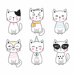 Set of doodle stickers. Funny kitten. Cute cat in cartoon style.