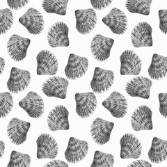 Seamless black and white pattern with seashells. Hand drawn sketch style illustration.