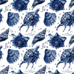 Seamless  pattern with seashells. Hand drawn sketch style illustration.