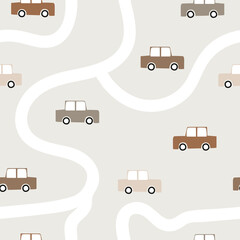 Cartoon cars bohemian style. Seamless pattern with transport. Simple background for the design of a children room, textiles. Cute toy vehicle. Doodle machine design in pastel earth tones. Road map